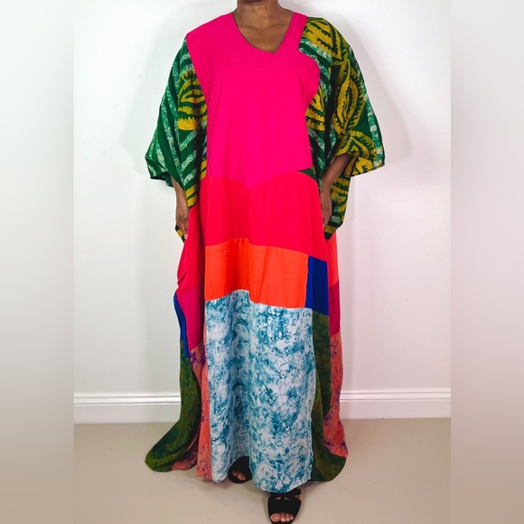 African Print Ankara Multicolor Patchwork Mixed Print Colorful Kaftan Maxi Dress - Picture 10 of 11